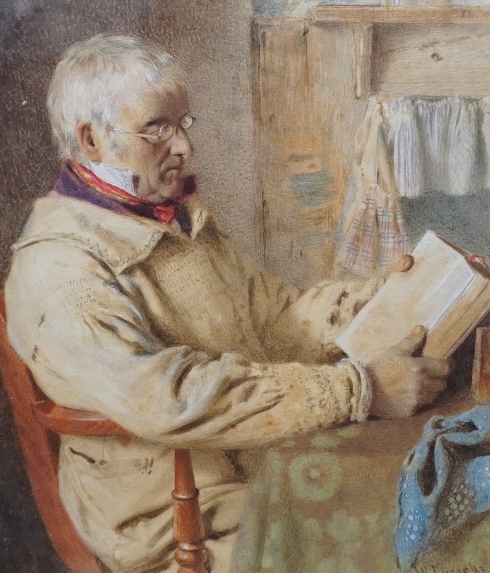 William Lucas (1840-1895), watercolour, Interior with old man reading a book, signed and dated '63, 25 x 21.5cm